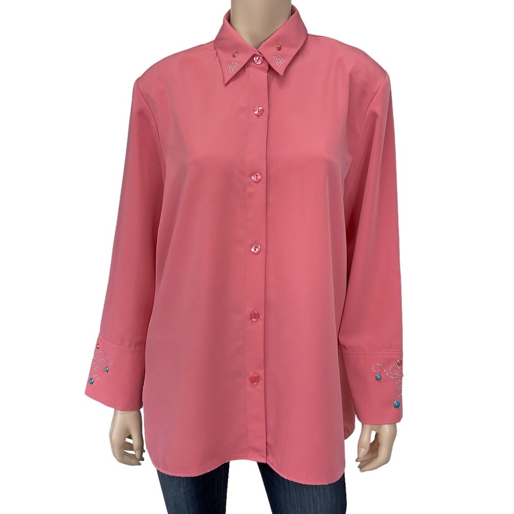 Maggie Sweet Shirt Womens Large Petite Long Sleeve Button‎ Coral Embellished